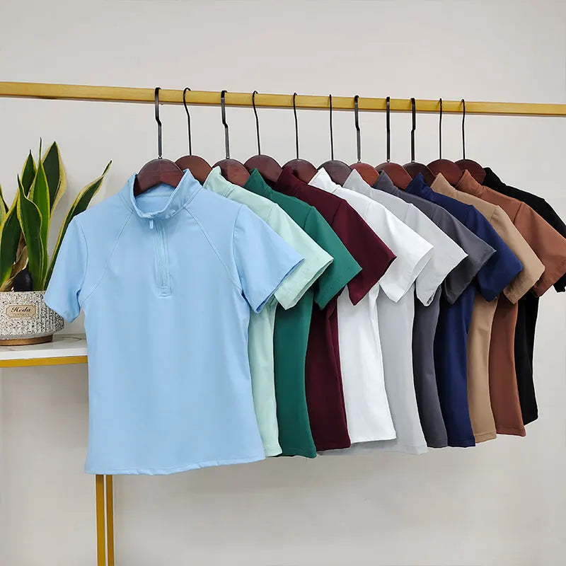 Ladies Equestrian Short Sleeve Shirts Customizable Logo Breathable Base Layers with White Nylon Zipper for Horse Riding Clothing