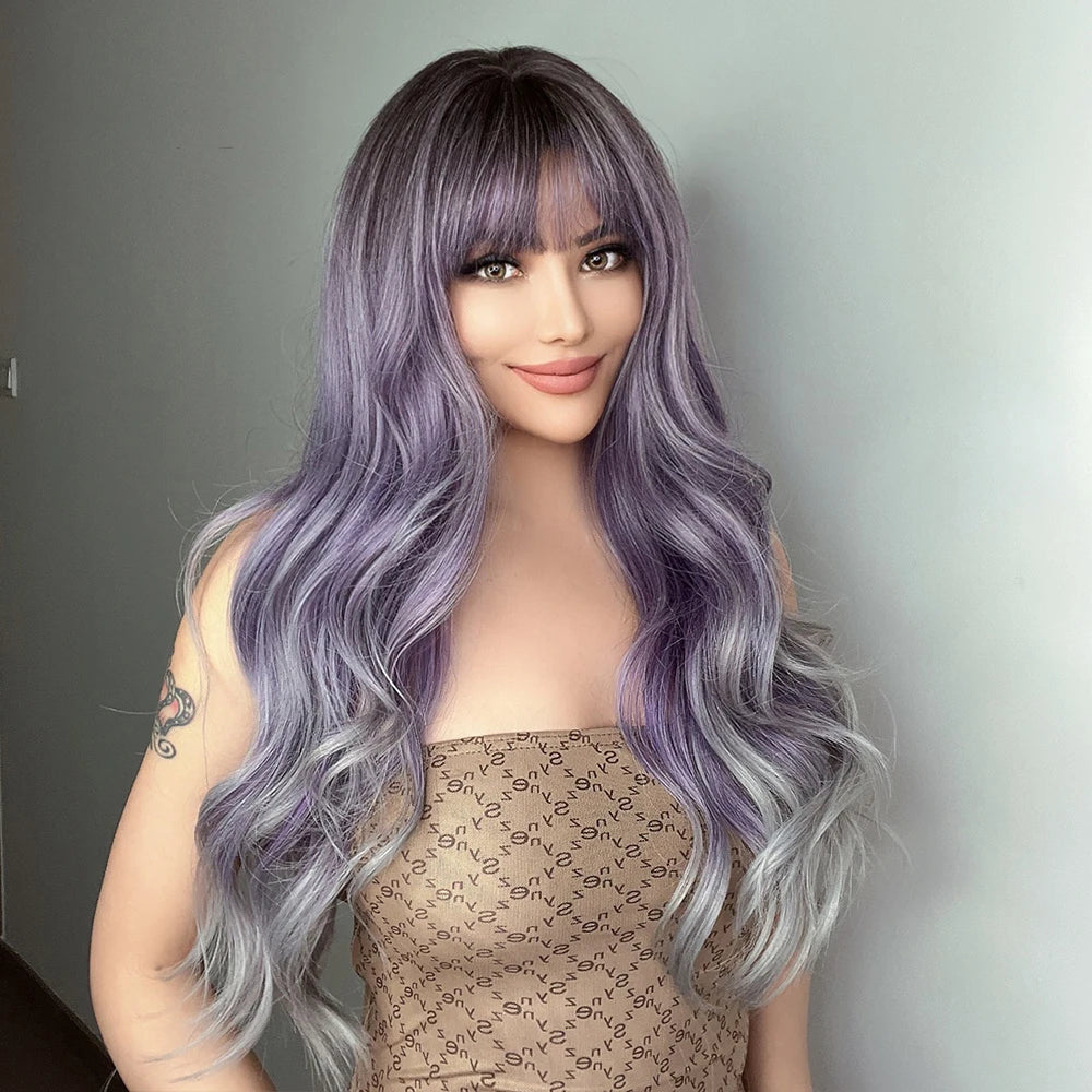 Fast Delivery Synthetic Wig Long Wavy Purple to Ash Wigs with Bangs Heat Resistant for White Black Woman Cosplay Daily Party