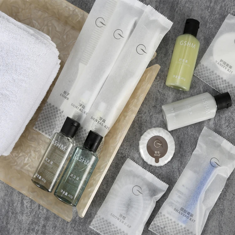 Customizable Luxury Hotel Whit Wipe Makeup Shampoo Conditioner Bath Gel & Body Lotion Kit with Custom Logo Printing