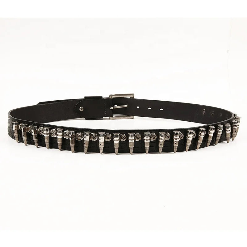 Black Fashion Ladies Punk Luxury Full Grain Leather Men's Rivet Bullets Studded Belt