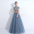 2023 O-Neck Short Sleeve Straight Elegant Women's Party Dresses Fashion Lady Summer Long Lace Grey Evening Empire Waist