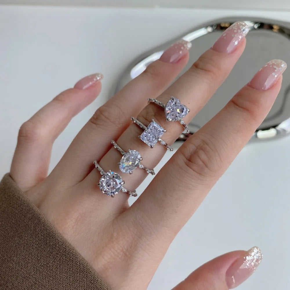 Claw Setting Ellipse Zircon Ring 925 Sterling Silver Geometric Rectangle Finger Ring for Women