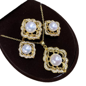 New Arrivals Gold Plated Zircon Flower Jewelry Sets for Women Wedding Freshwater Pearl Earrings Necklace Pendant Ring Set