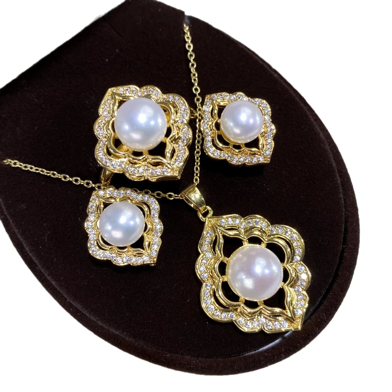 New Arrivals Gold Plated Zircon Flower Jewelry Sets for Women Wedding Freshwater Pearl Earrings Necklace Pendant Ring Set