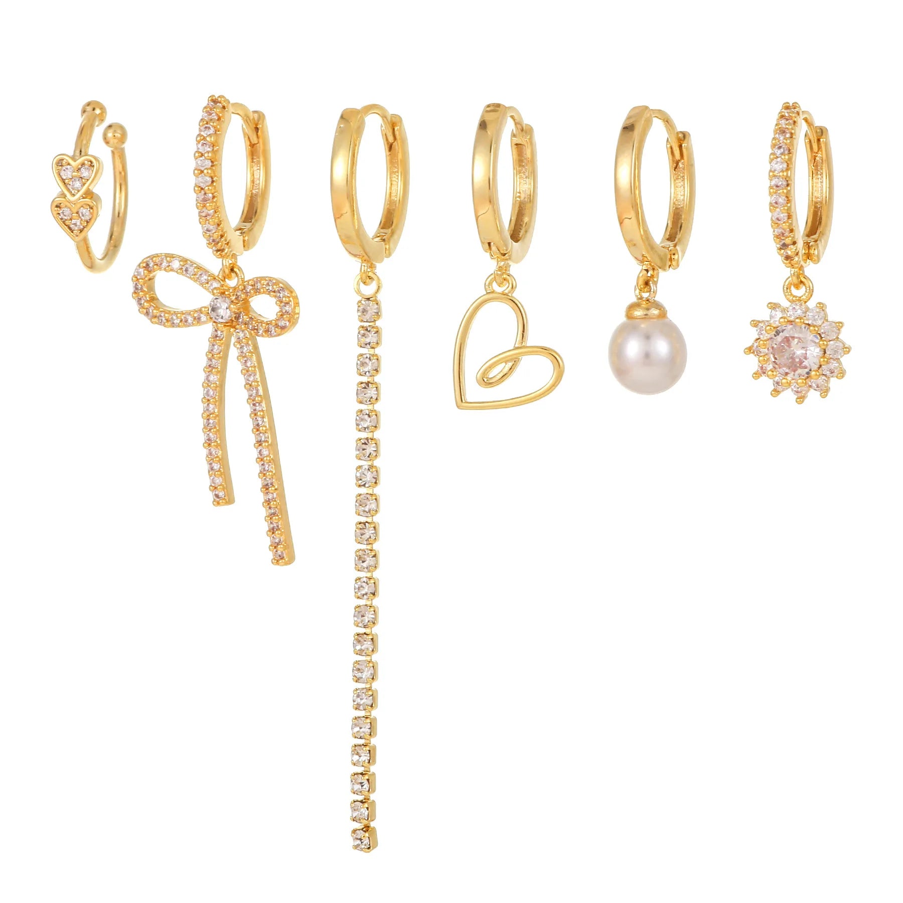 Wholesale Women New 6pcs Brass Heart Ear Buckle Long Tassel Zircon Earrings Fashion Luxury Metal Pearl Stud Earring Set
