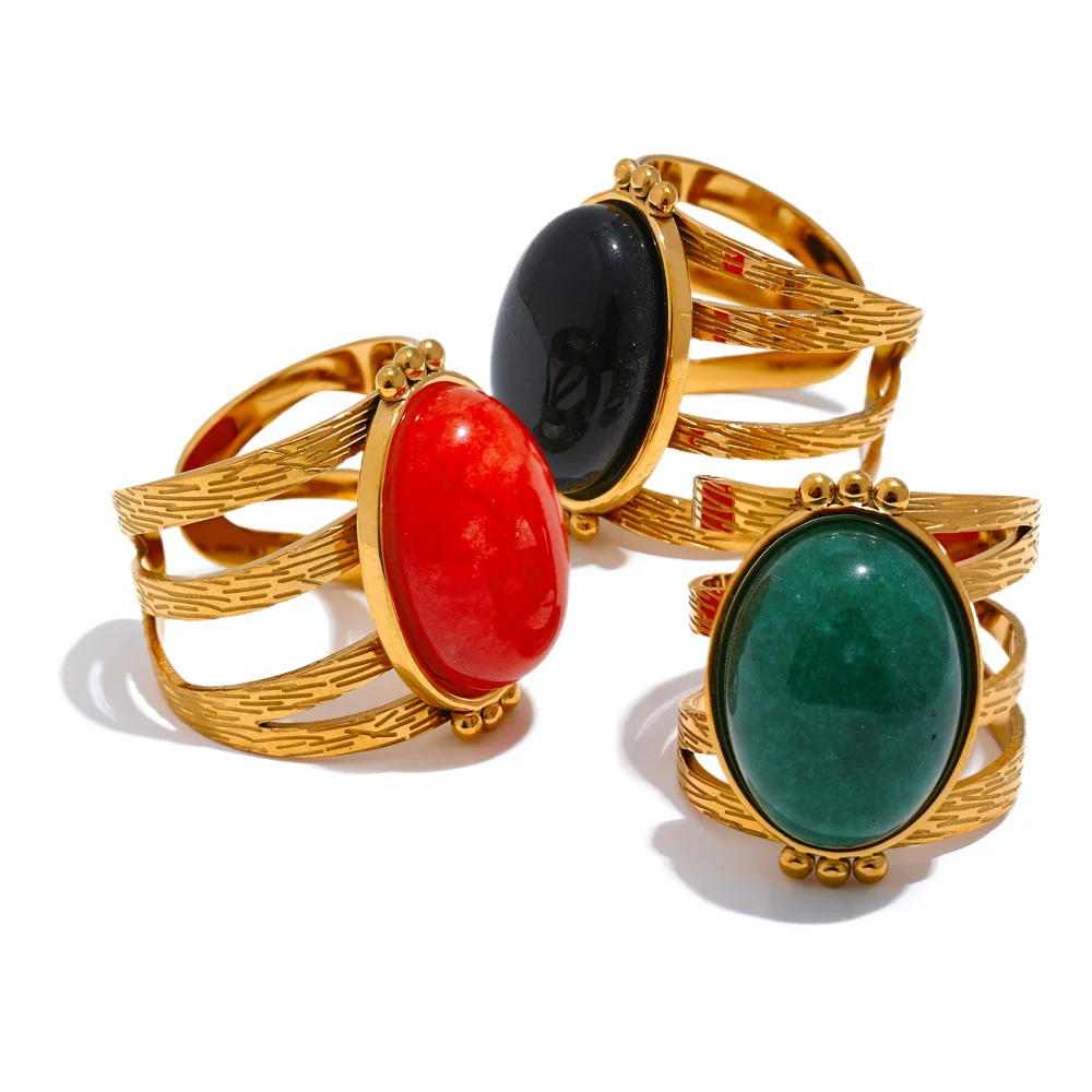 JINYOU 1600 Red Black Green Stone Stainless Steel Open Adjustable Popular Fashion Ring Gold Waterproof Women Jewelry Gala Gift