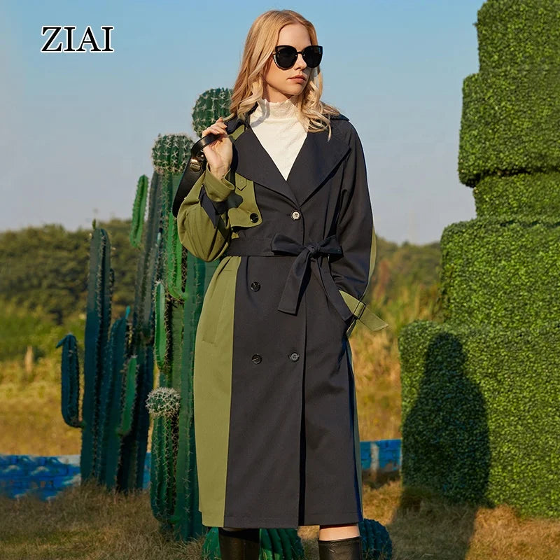 Women's New Spring Mid-Length Over-the-Knee Trench Coat Thin Black Jacket with Button Decoration Displaying New Temperament