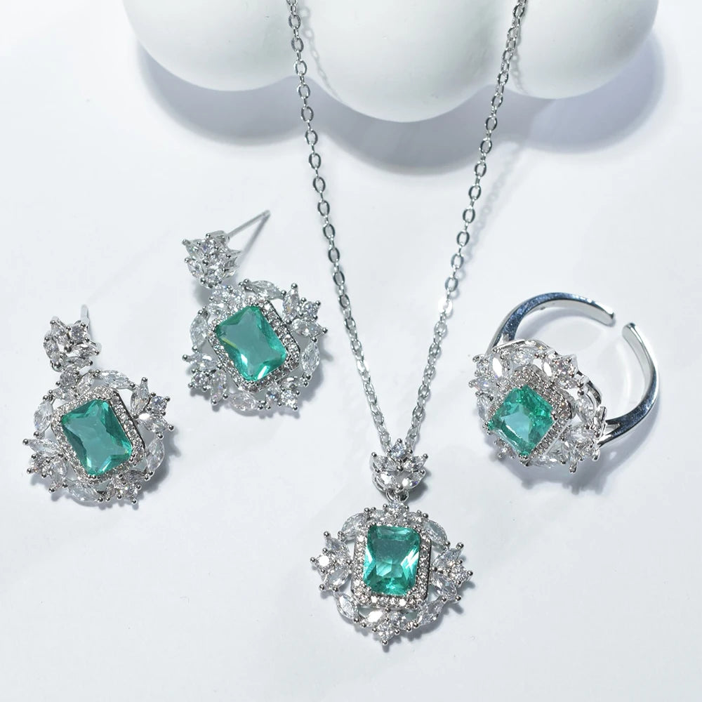 Exquisite Luxury Green Crystal Zircon Necklace Earring Ring Set Women's Fashion Copper Jewelry for Parties & Weddings