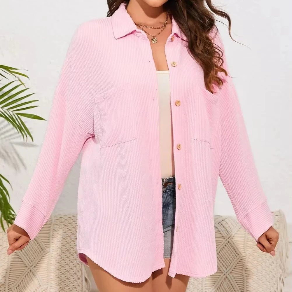 Lovedagear Western Casual Loose Long Sleeve Top Cuffed Long Sleeve Button Down Shirts Pockets Corduroy Shacket Jacket