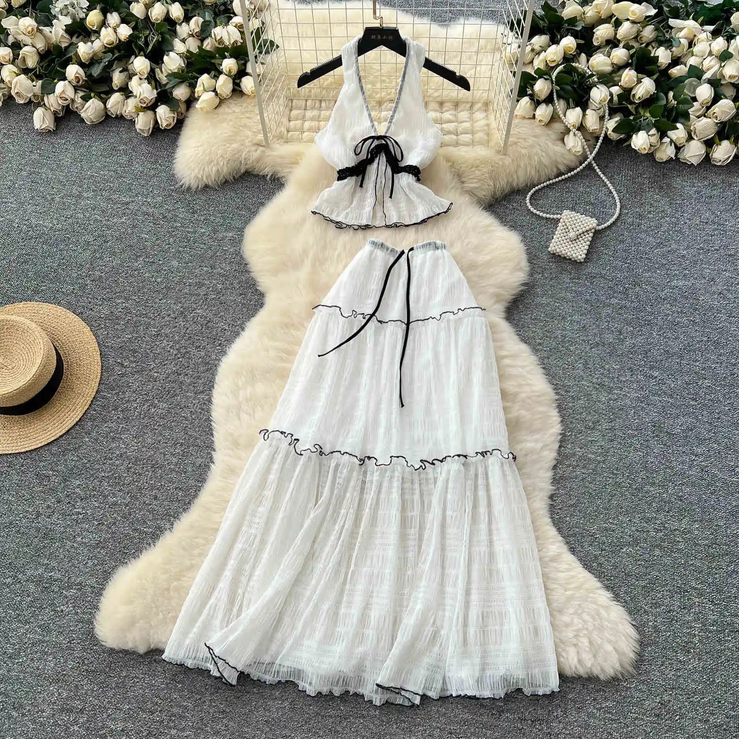 2025 Summer Women's V-neck Backless Bandage Top and High Waist Skirts Set
