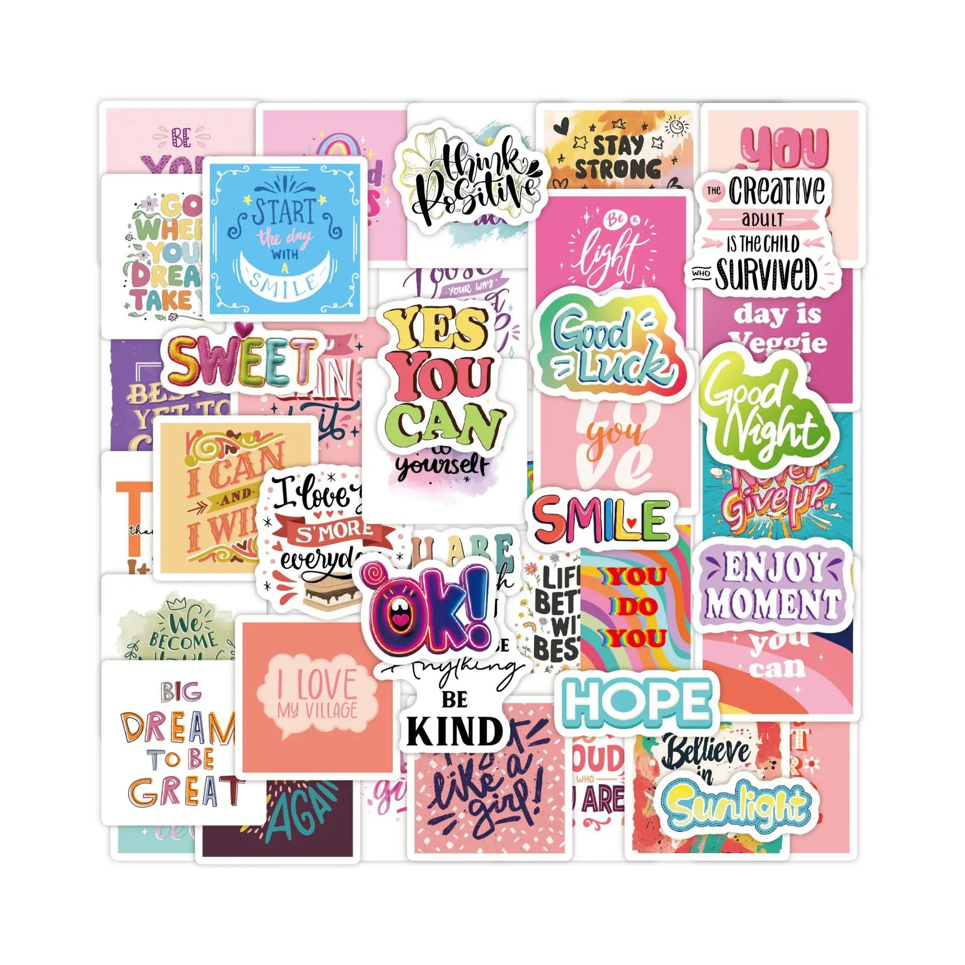 50pcs English PVC Self Adhesive Stickers for Helmet Handbag Phone Case Suitcase Refrigerator Guitar and Books