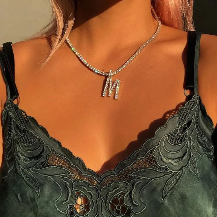 A-Z Custom Rhinestone Tennis Chain Letter Necklace for Women Men Jewelry Pendant Necklace Choker N207291