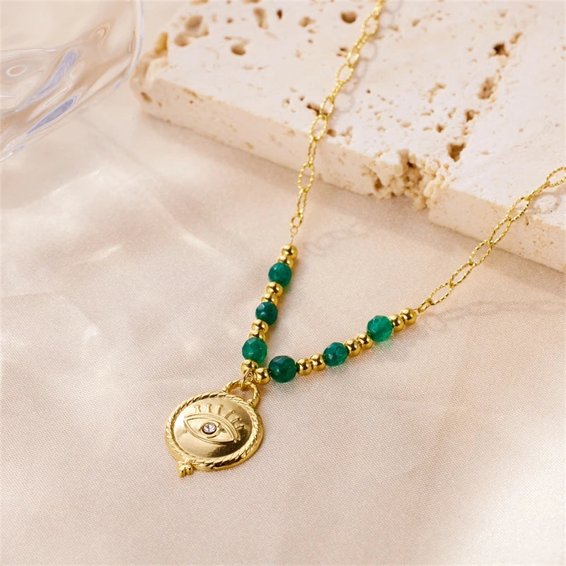 Wholesale Vintage Jewelry  Fashion Jewelry Waterproof Stainless Steel Big Eye Beaded Pendant Chain Necklaces for Woman
