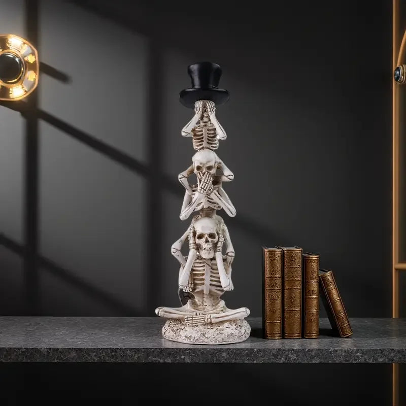 Creative Headphone Stand Stacked Bone Sculpture with Top Hat Design Desktop Organizer for Gaming HeadsetGothic Style Decor