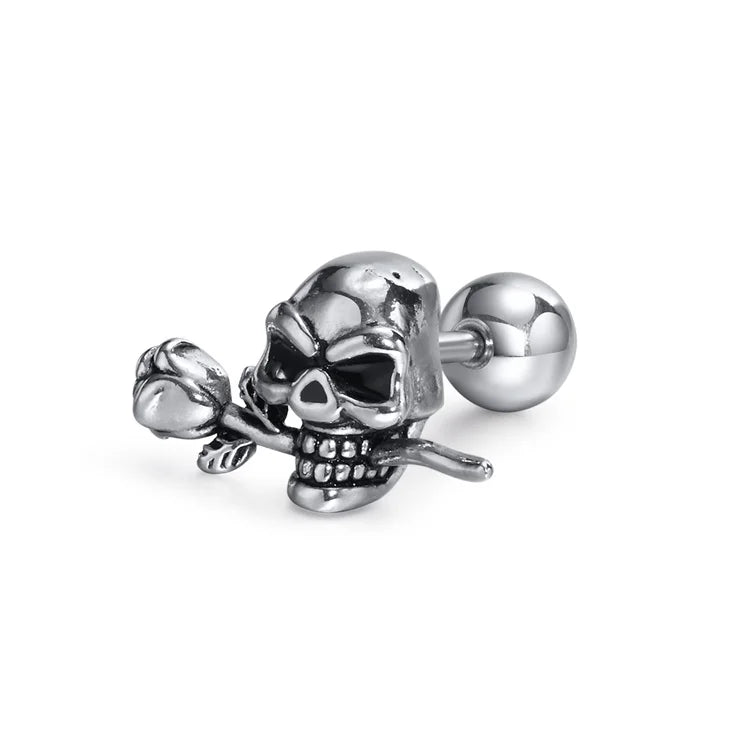 Popular Stainless Steel Men Jewelry Dainty Flower Skull Charm Stud Earring
