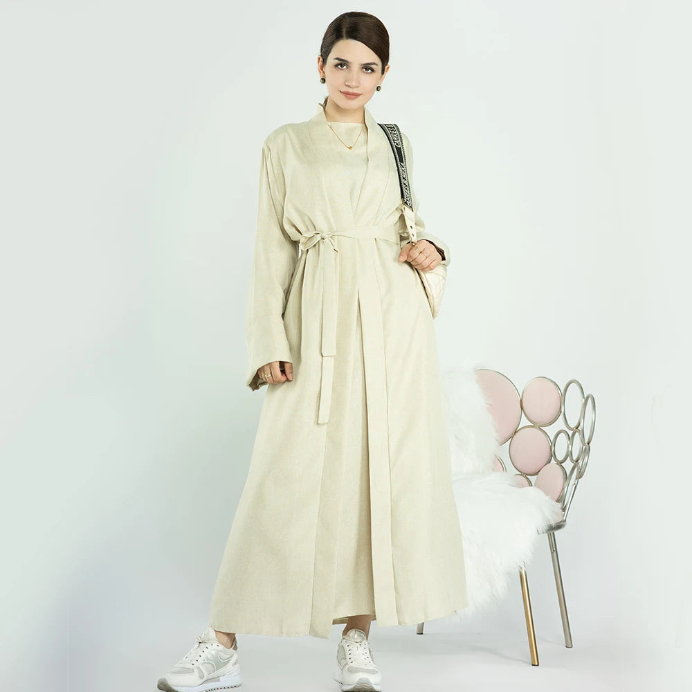 2023 Loriya Muslim Ladies Abaya Fashion New EID Islamic Clothing Linen Closed Dress and Open Abaya 2PCS Abaya Set