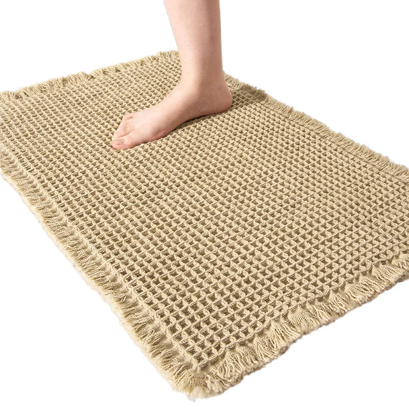 Super Absorbent Luxury Bathroom Rug Non-Slip Polyester Long Bath Mat Waffle Design Tassels Washable Carpet for Home Hotel Rubber