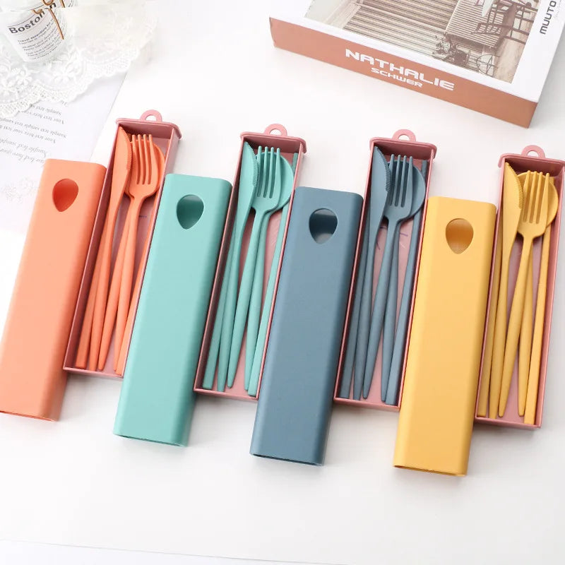 Portable Eco Friendly Wheat Straw Tableware Set Gift Kid Adult Reusable Knife Spoon Fork Box 4Pcs Set Travel Cutlery Set