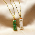 SC Hot Sale Stainless Steel Chain Necklace Imitation Hetian Jade Necklace Green White Bamboo Inlaid Zircon Necklace for Women