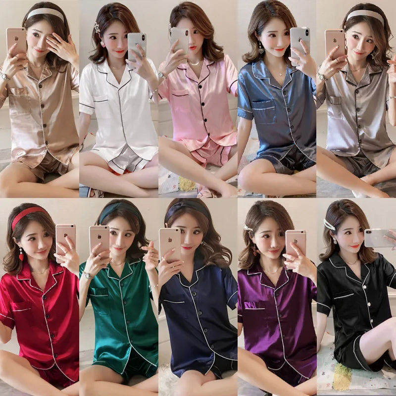 Wholesale Silk Satin Woman Pajamas Silk Two Pieces Sleepwear Loungewear Button-Down Pj Sets Night Dress for Women