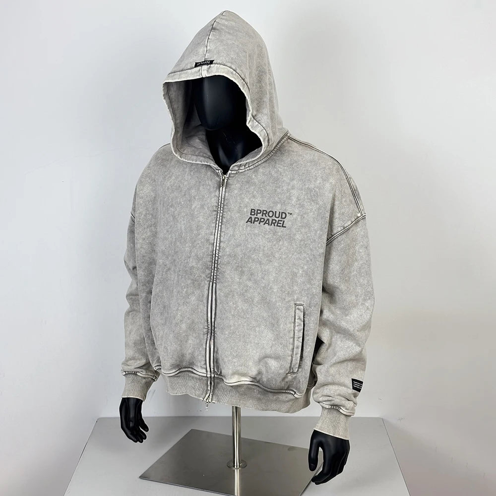 TOPSHOW Custom Stone Wash Side Pocket Hoodie Drop Shoulder Heavyweight Cotton Vintage Acid Wash Zip up Hoodie Men