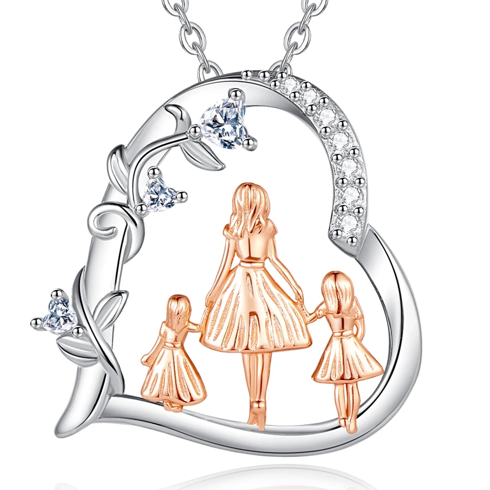 2024 Mother's Day Gift Trendy Heart Shaped 925 Sterling Silver Pendant Necklace Mom 2 Daughters Zircon Stone for Women's Party