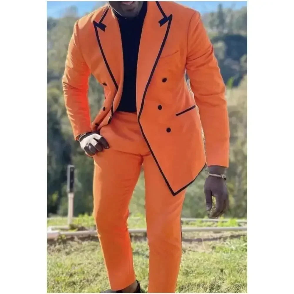 Orange Men Suits 2 Pieces Black Trimming Costume Homme Wedding Groom Tailored Made Blazer Pant Sets