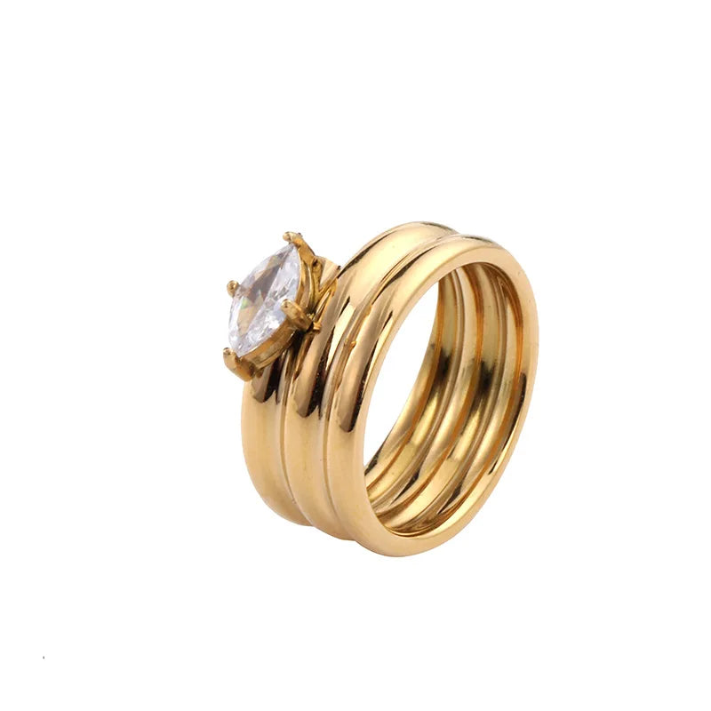 Stainless Steel 18k Gold Plated Geometric Design Jewelry Three Layer Curved Zircon Women Ring Non Tarnish YF6211