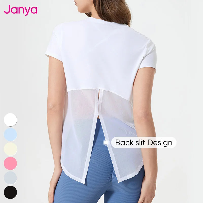 Janya Women's Lightweight Loose Quick Dry Gym Fitness T Shirt Custom Logo Breathable Clothing Short Sleeve Yoga Top Wholesale