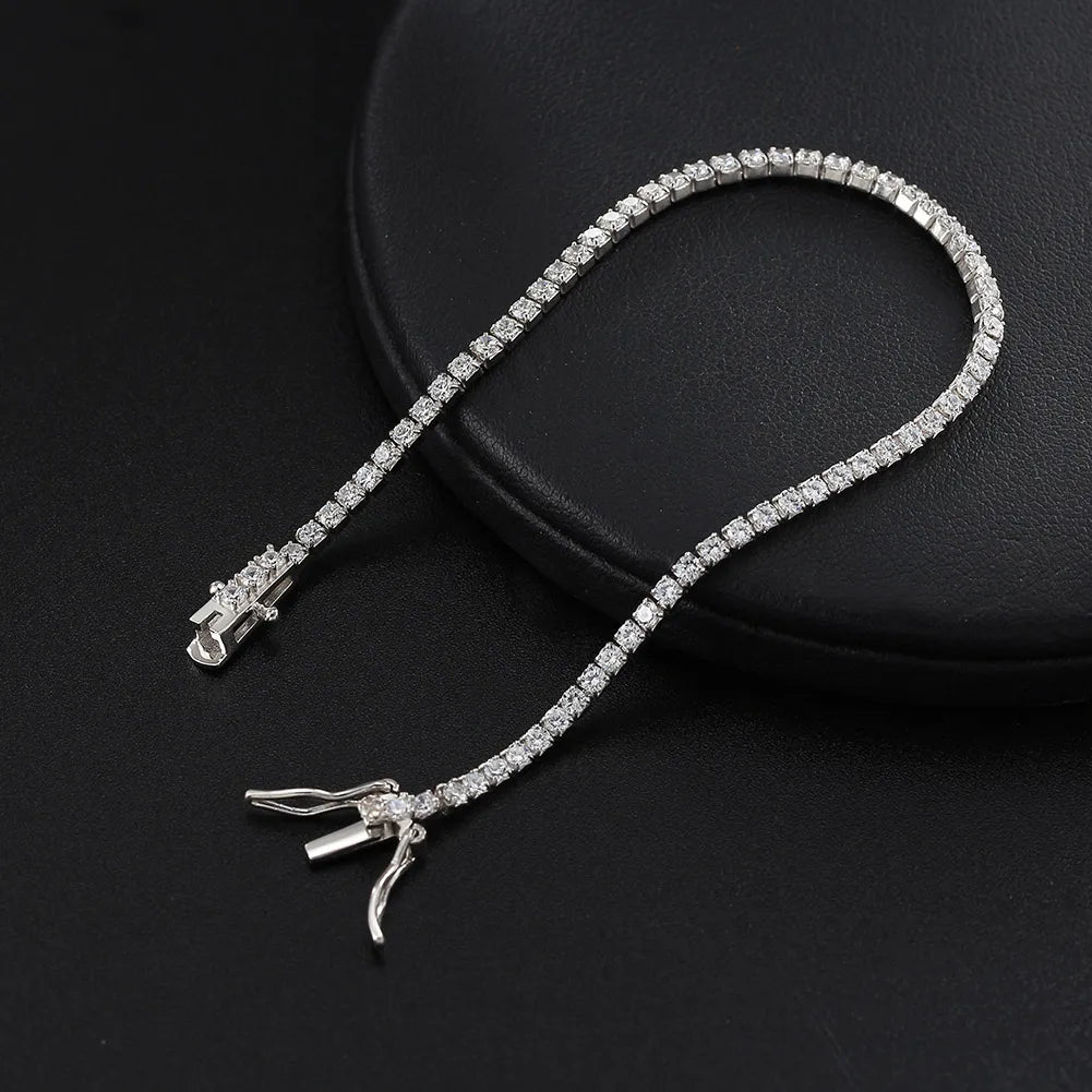 RINNTIN SB61 Trendy Rhodium Plated 2mm Round Cubic Zirconia Classic Tennis Bracelet 925 Sterling Silver Bracelets for Women