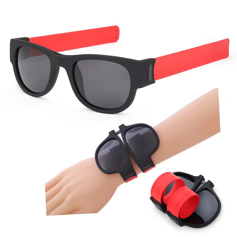 Custom Logo Fashion Plastic Rubber Sunglasses for Mountain Biking UV400 Polarized Blue Red Slap Bracelet Folding Sunglasses