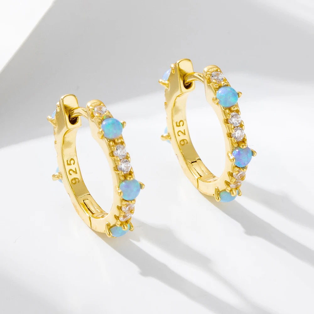 Fashionable Elegant S925 Sterling Silver Circle Opal Zircon Huggie Hoop Earrings in Gold Plated Jewelry
