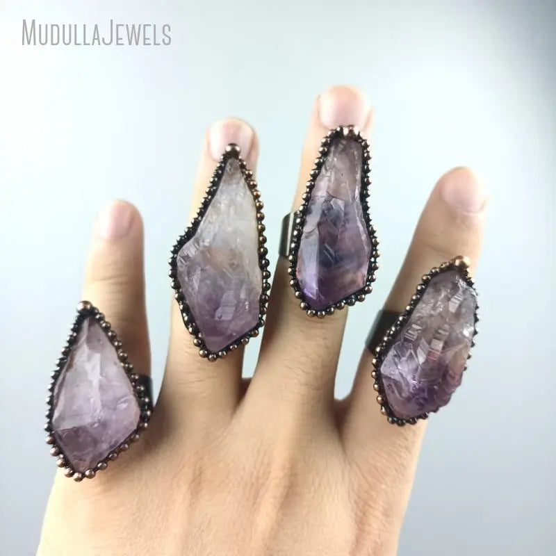 RM45841 Raw Free Form Amethyst Ring Antique Copper Wrapped Witchy Vintage Healing Crystal Gift for Women
