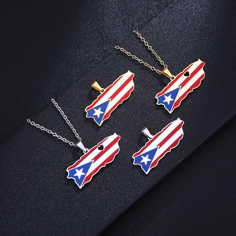 18K Gold & Stainless Steel Silver Puerto Rico Map Pendant Necklace Enamel Puerto Rico Flag for Men Women