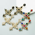 Hot Selling Big Cross Shape Long Earrings Alloy Gold Metal Colorful White Black Crystal Stud Earrings Women