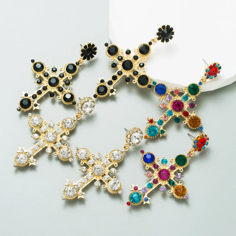 Hot Selling Big Cross Shape Long Earrings Alloy Gold Metal Colorful White Black Crystal Stud Earrings Women