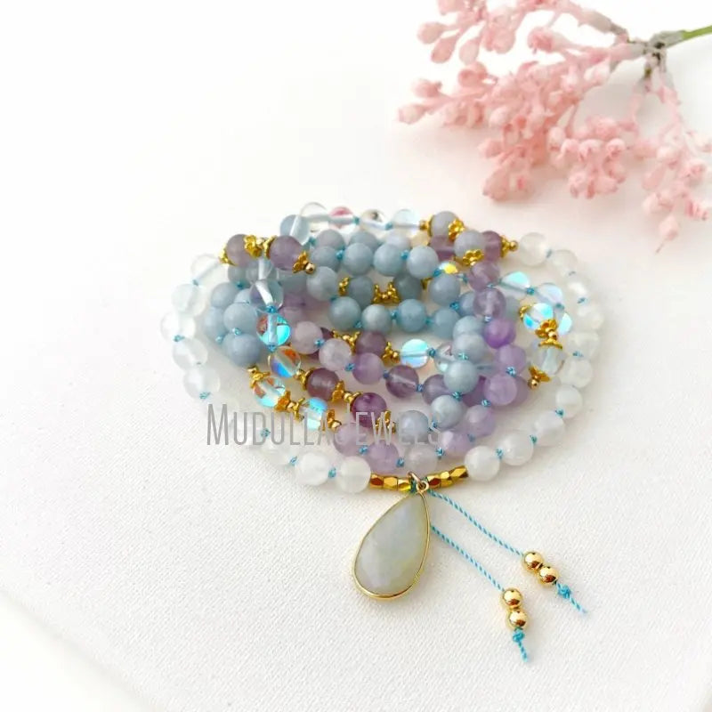 MN43561 Selene Goddess Mala With Selenite Aquamarine Amethyst Quartz Beads and Moonstone 108 Mala Necklace Prayer Beads