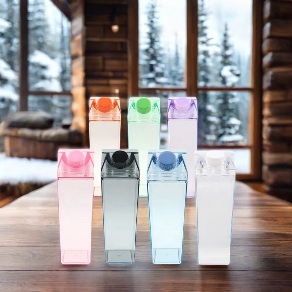 500ml/1000ml Acrylic Reusable Transparent Milk Box Square Plastic Colored Juice Carton Water Bottle