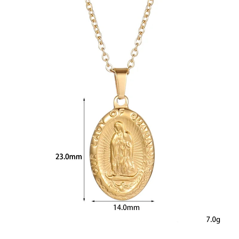 Wholesale Vintage Lady Gold Plated Jesus Necklace Guadalupe Medal 18K Stainless Steel Religious Virgin Pendant Necklace Jewelry