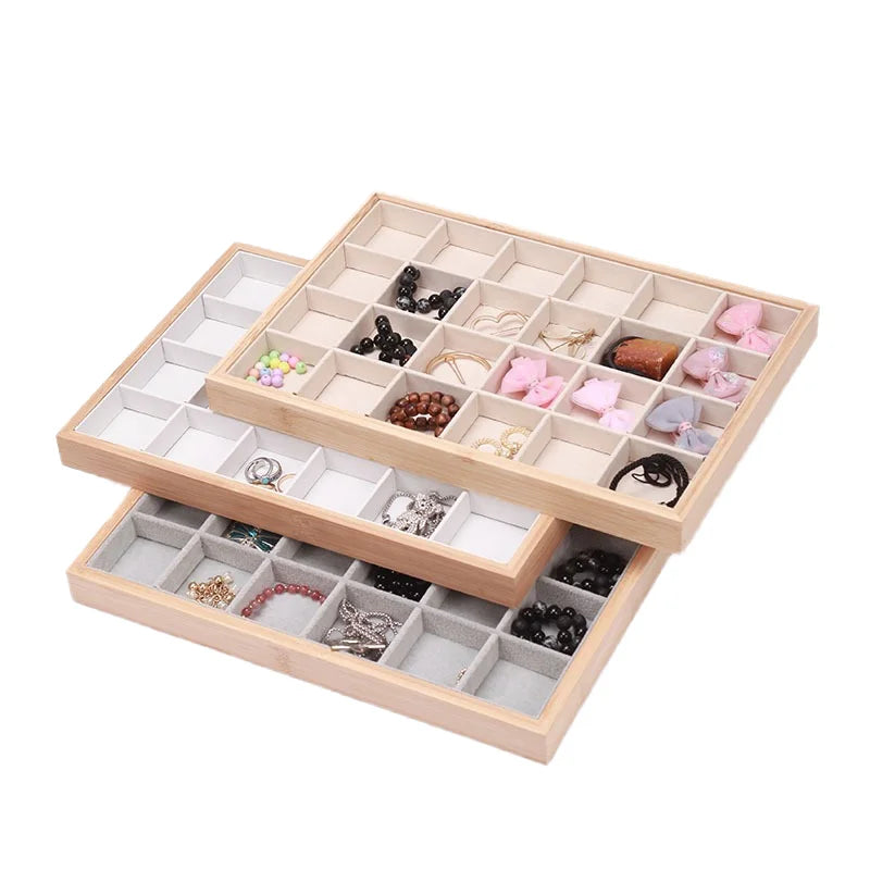 Modern Multiple Colors Bamboo Wood 24 Compartment Velvet Lining Jewelry Bracelet Bangle Organizer Tray