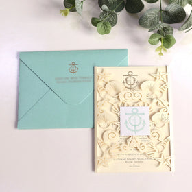 Ivory Wedding Invitation Cards with Laser Cut Paper Elegant Sky Blue Envelopes Custom Printed Music and Angel Style Tags