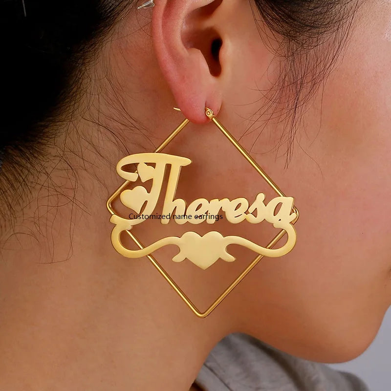 Wholesale Custom Stainless Steel Large Hoop Earrings Trendy Personalized Name Logo Silver Plated for Gifts