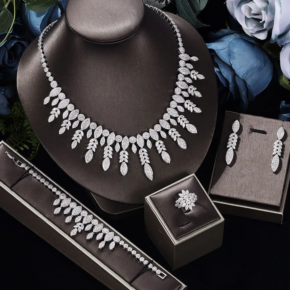 New Design 4pcs Blingbling Full Diamond Crystal Flower Bride Proposal Necklace Earrings Jewelry Set