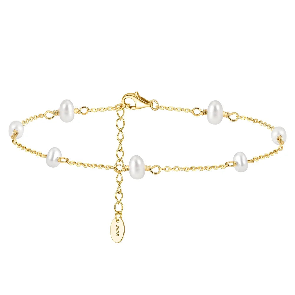European and American 925 Sterling Silver Summer Beach Freshwater Pearl Anklets for Women Gold Plated  Jewelry