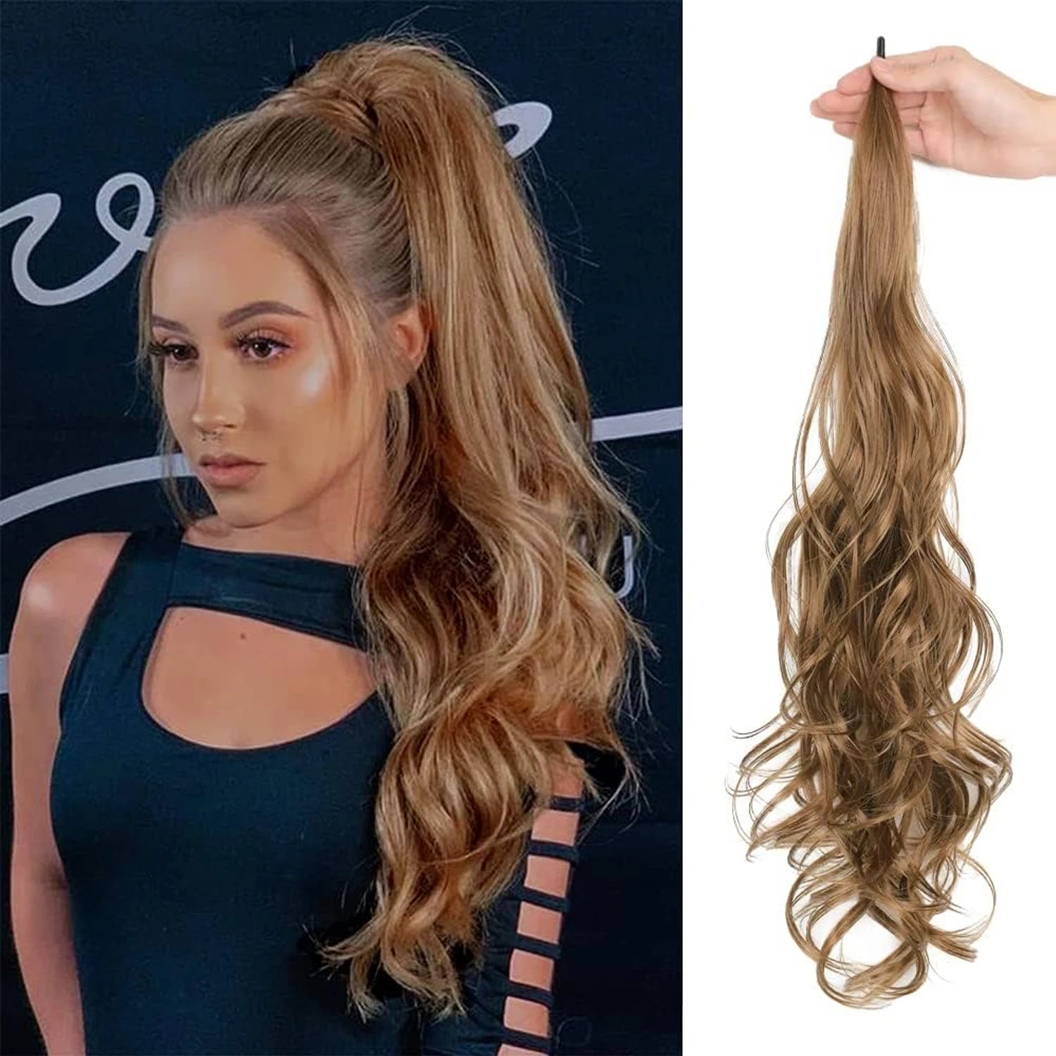 32" Flexible Wrap Ponytail Hair Extensions for Women Synthetic Pony Tail Hairpieces Brown Mix Color Wave Curly Ends