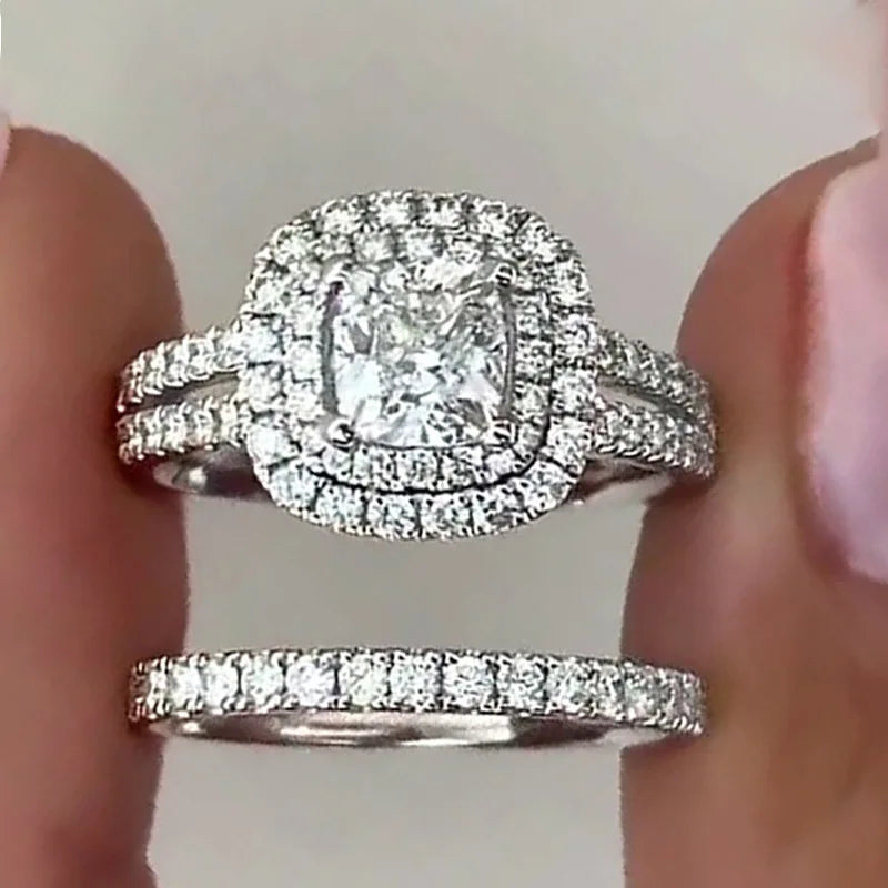 CAOSHI Hot Selling Exquisite Dazzling Cubic Zirconia 2Pcs Set Couple Rings for Wedding Engagement Silver Plated CZ Rings Women