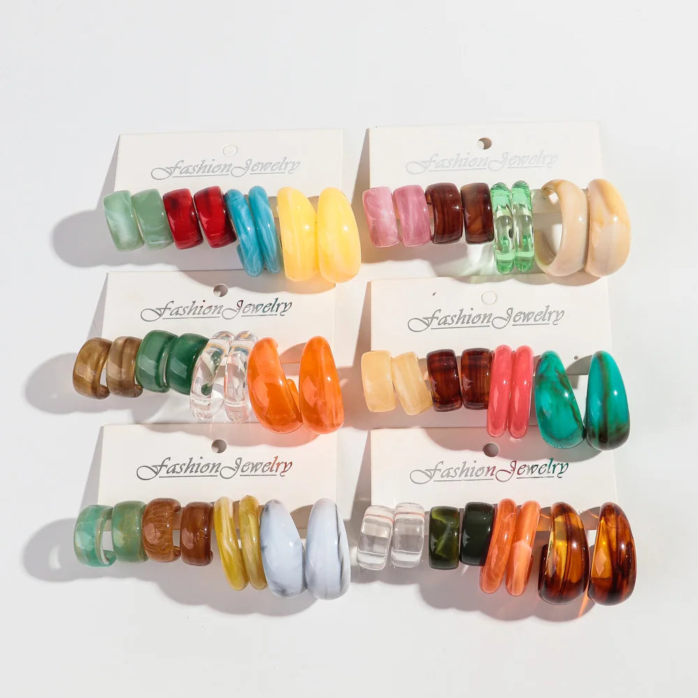 Newly Trend Exaggerated C Shape Multi Color Earrings Assembly Simple Acrylic Hoop Earrings Set for Women