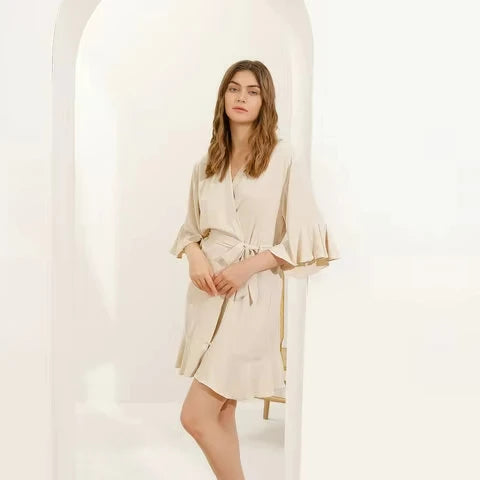 FUNG 6008 Family Matching Robe Women Chiffon Satin Ruffle Bride Bridesmaid Robe