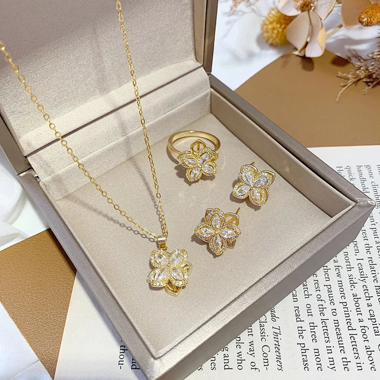 Ashion Three-dimensional Flower Fine Jewelry Light Luxury Set Zirconia Jewelry Set INS Style Rotatable Rings for Women