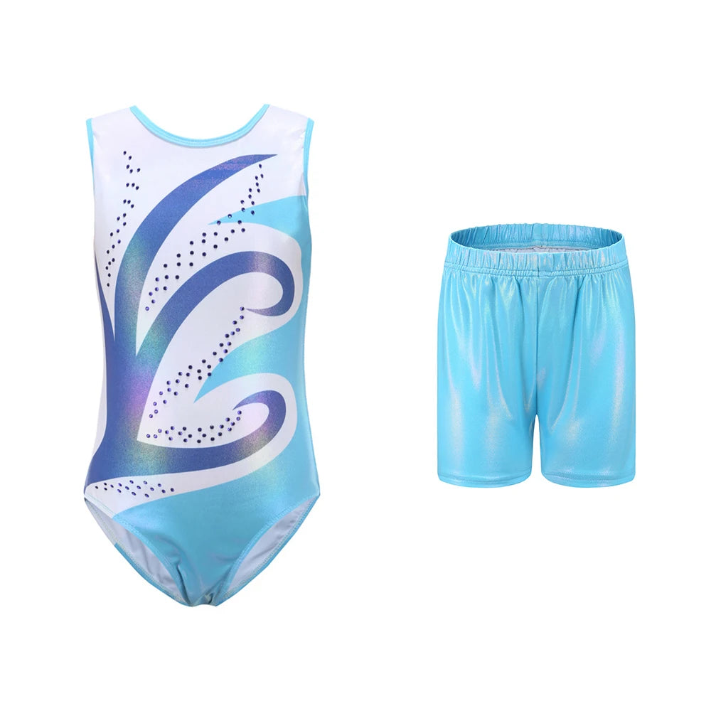 Wholesale Cheap Kids Girls Children Shiny Sleeveless Rhinestone Pink Girls Leotards Shorts Gymnastics Sets MegaBDM